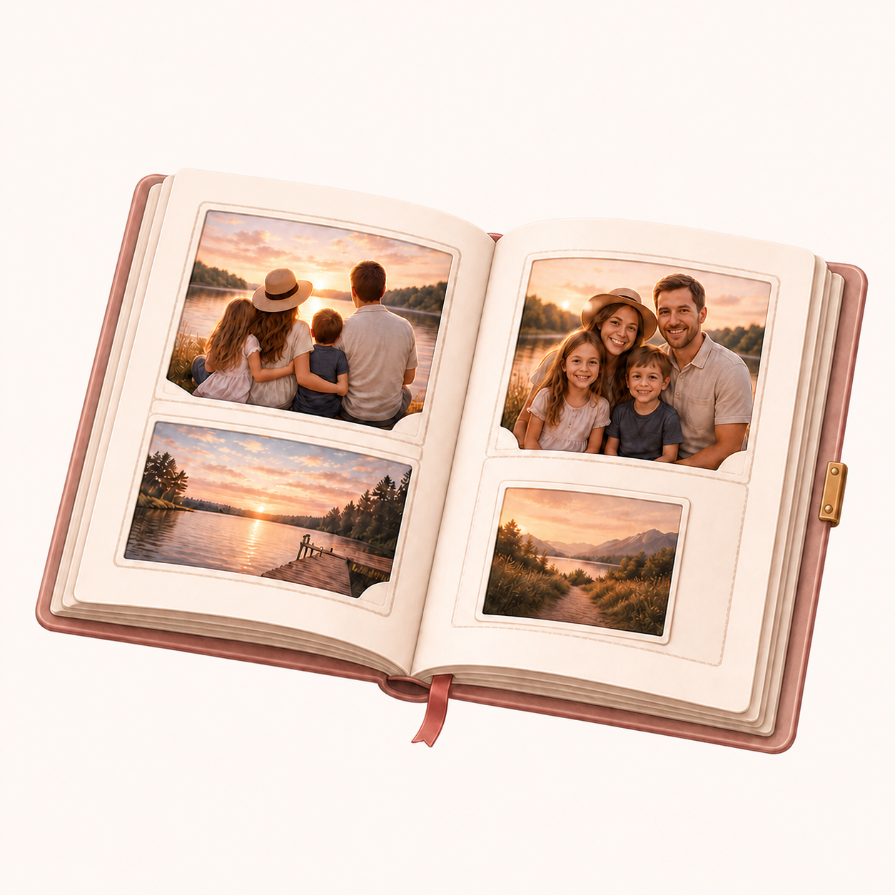 Open family photo album with photographs arranged on its pages