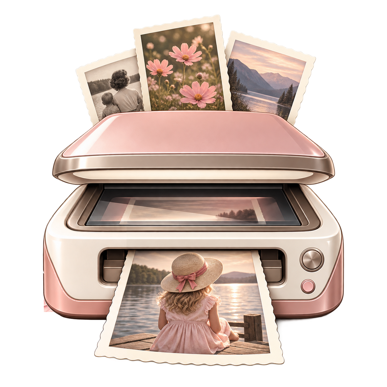 Warm pink photo scanner digitizing family photographs