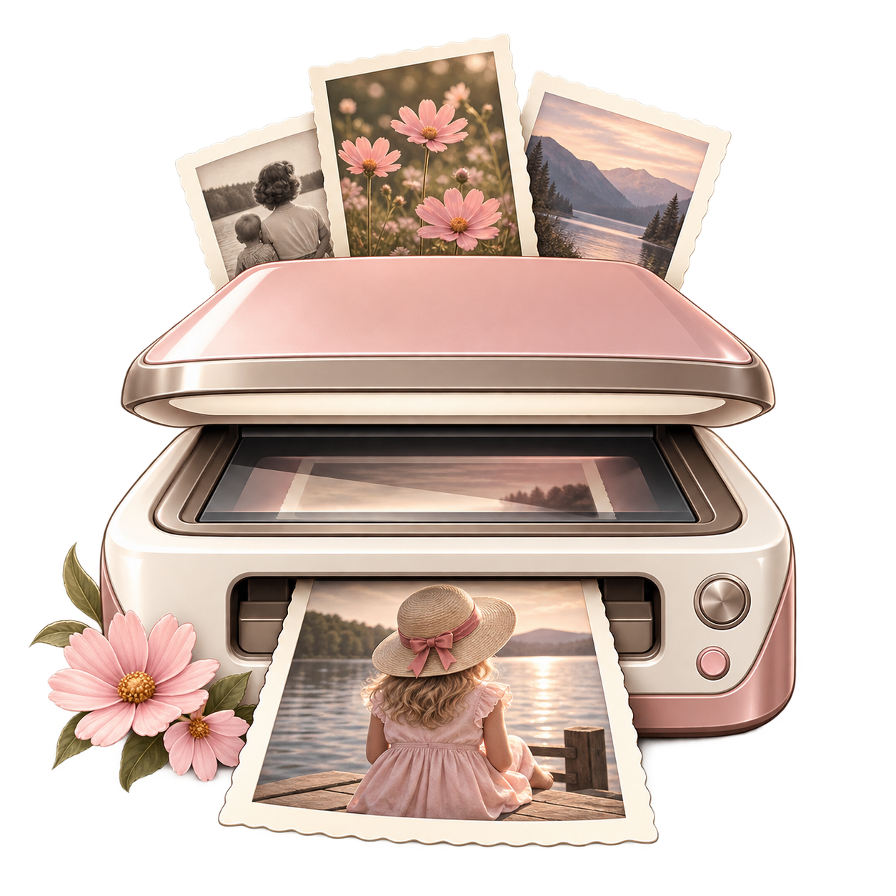 Warm pink photo scanner digitizing family photographs